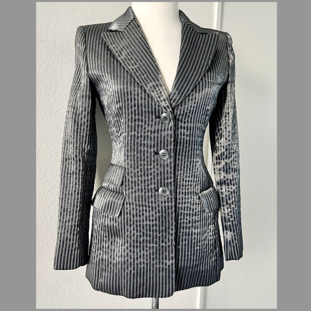 VTG Y2K 90s shiny hourglass blazer jacket pin striped Silver XS